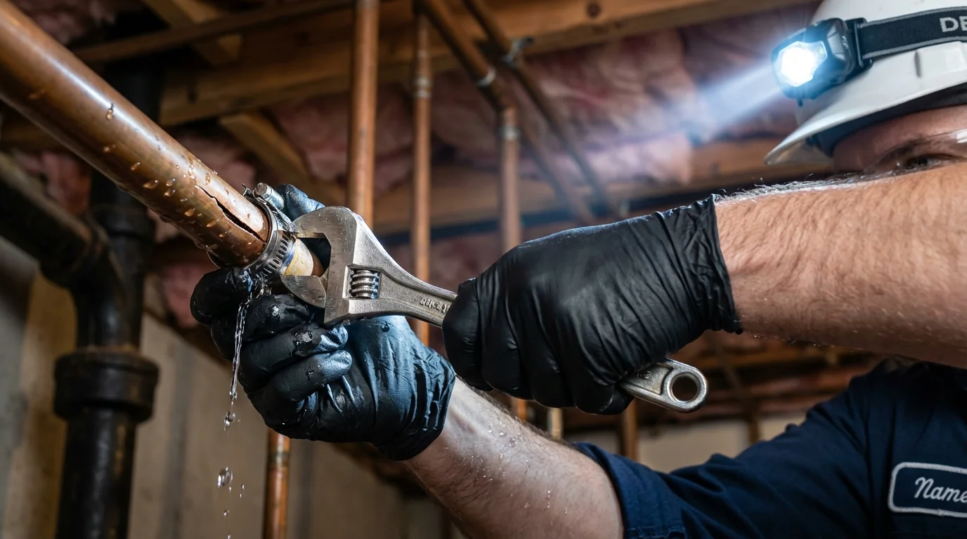 Emergency pipe clamp repair being performed by a Johns Plumbing LLC plumber in Rainelle