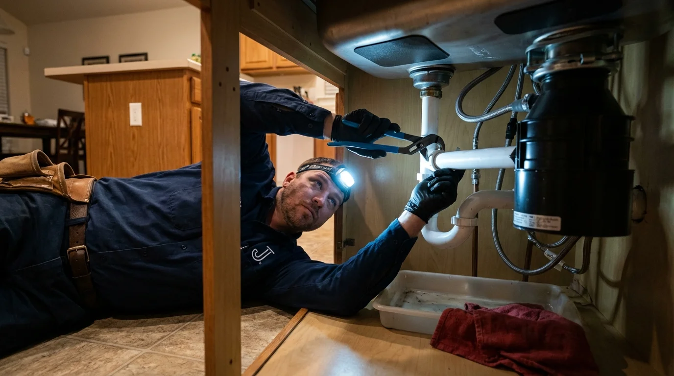 P-trap and supply line connections under a kitchen sink showing a common leak point in Rainelle, WV